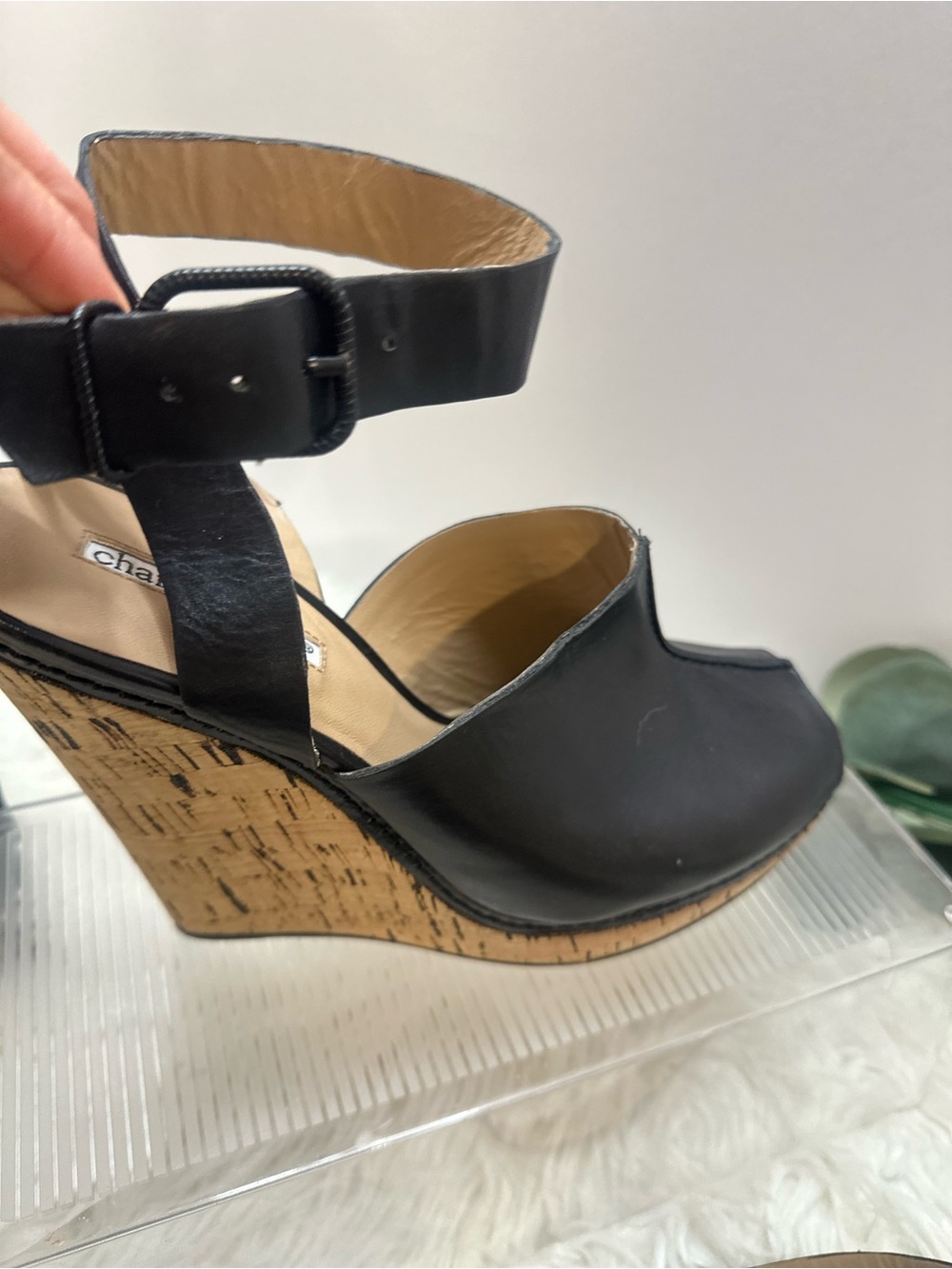 Charles David Peep Toe Soft Black Leather Cork Wedge Sandal with Ankle Strap